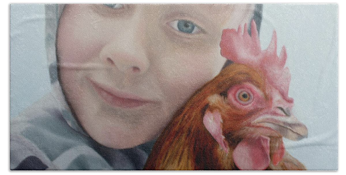Boy; Chicken; Friendship; Caring; Camouflage; Contemplation Bath Towel featuring the painting Johnathan by Marg Wolf
