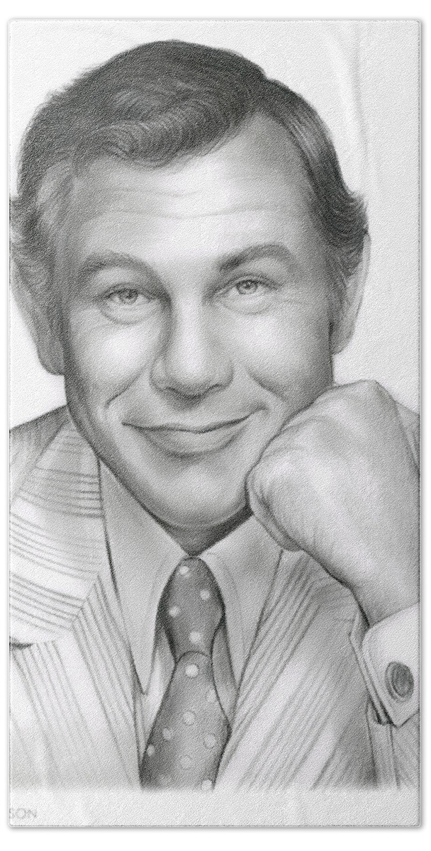 Johnny Carson Hand Towel featuring the drawing Johnny Carson by Greg Joens