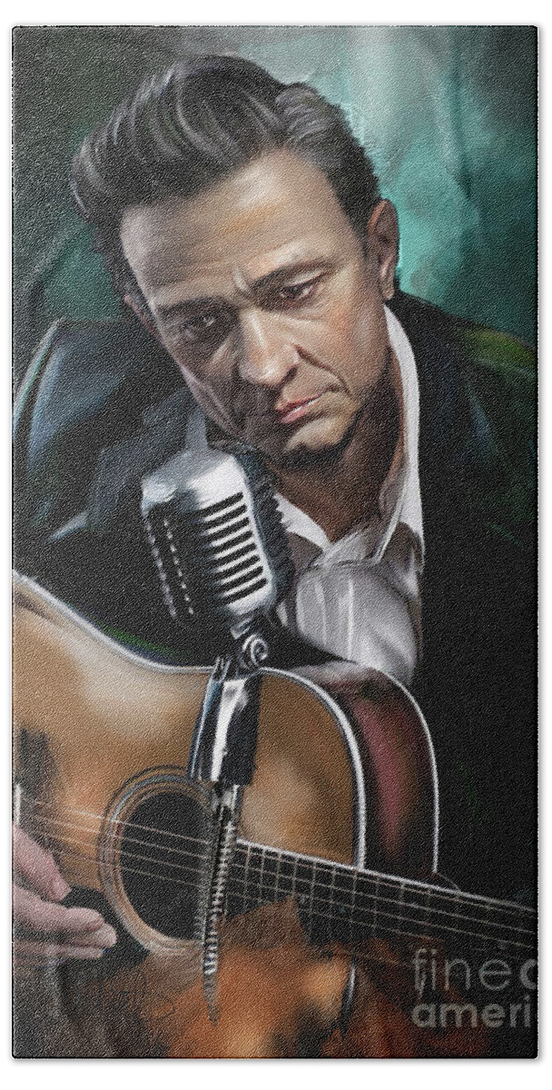 Johnny Cash Bath Towel featuring the painting Johnny Cash by Melanie D