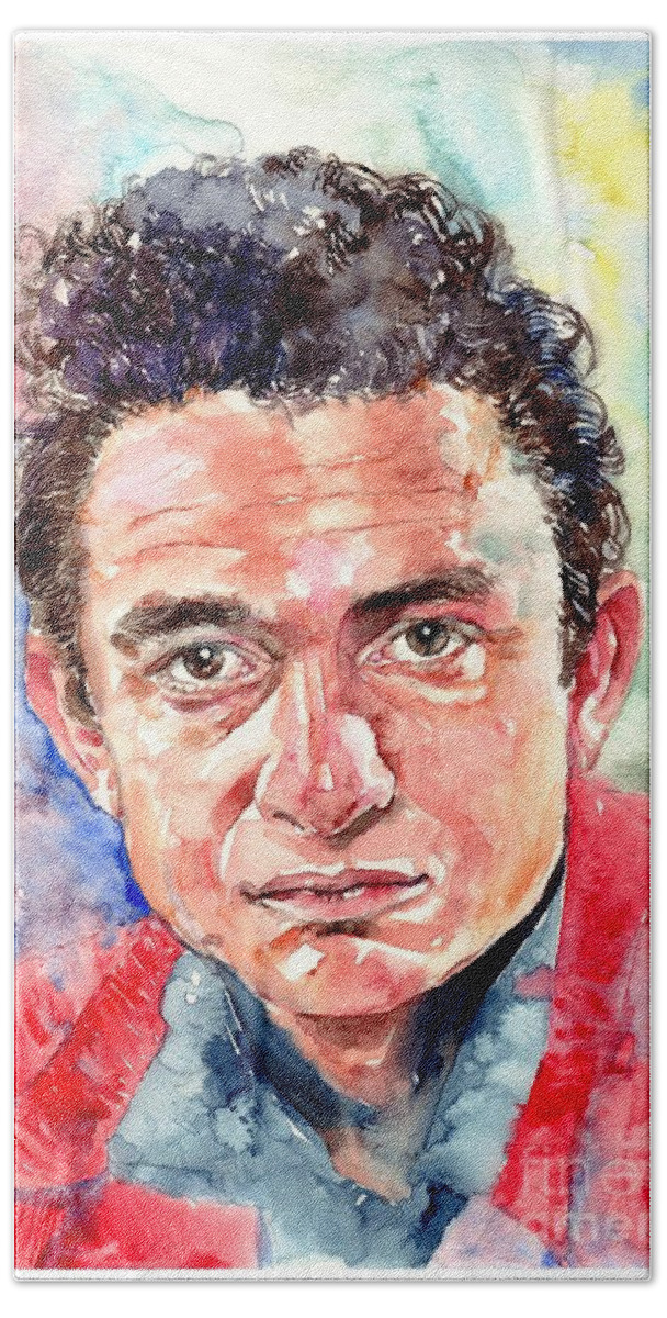 Johnny Cash Hand Towel featuring the painting Johnny Cash portrait by Suzann Sines