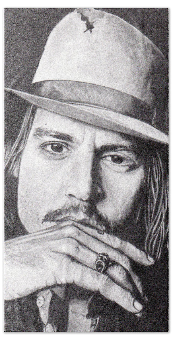 Pencil Drawing Hand Towel featuring the drawing Johnny Depp by Daniel Carvalho