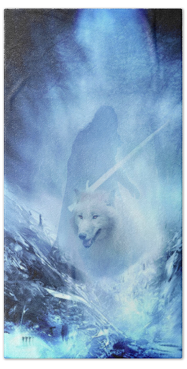 Jon Snow And Ghost Bath Towel featuring the digital art Jon Snow and Ghost - Game of Thrones by Lilia D