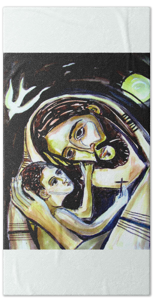 Joseph Bath Towel featuring the painting Joseph with young Jesus by Sarah Hornsby