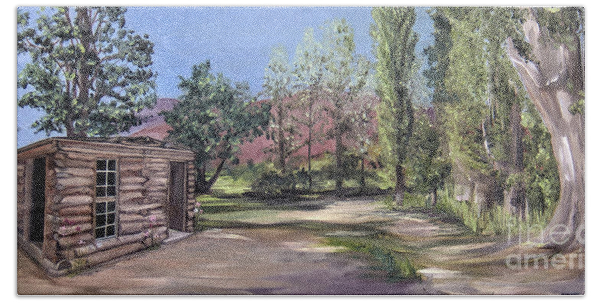 Landscape Bath Towel featuring the painting Josie's Cabin by Nila Jane Autry
