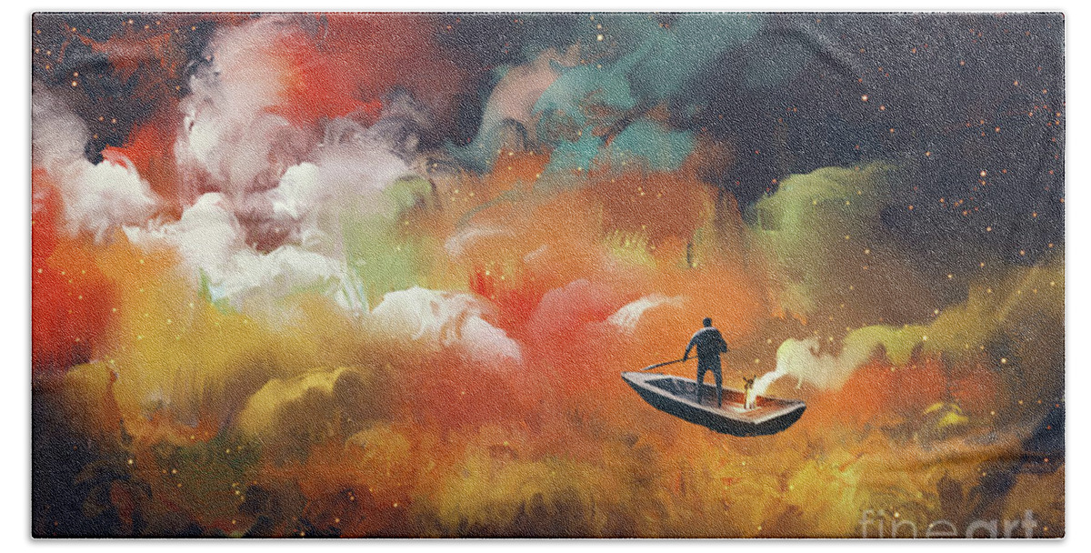Art Bath Sheet featuring the painting Journey To Outer Space by Tithi Luadthong