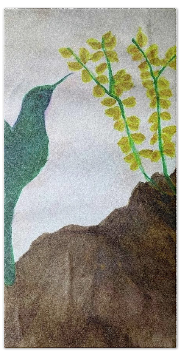 Hummingbird Hand Towel featuring the painting Joy at the Top of a Mountain by Margaret Welsh Willowsilk