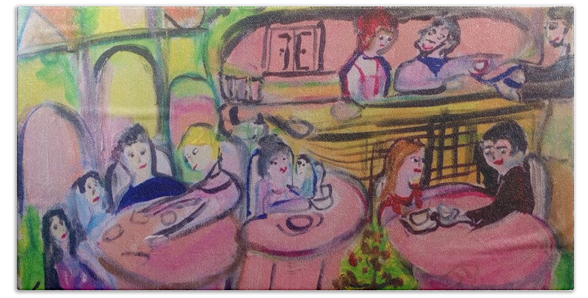 Sounds Bath Sheet featuring the painting Joyful tinkling bells cafe by Judith Desrosiers