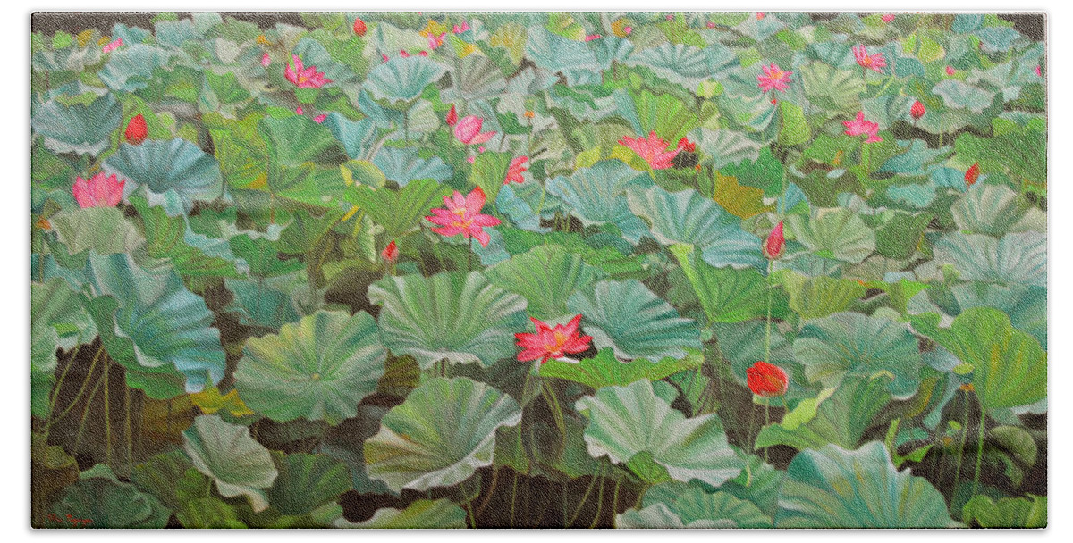 Water Lily Bath Towel featuring the painting July 4th by Thu Nguyen