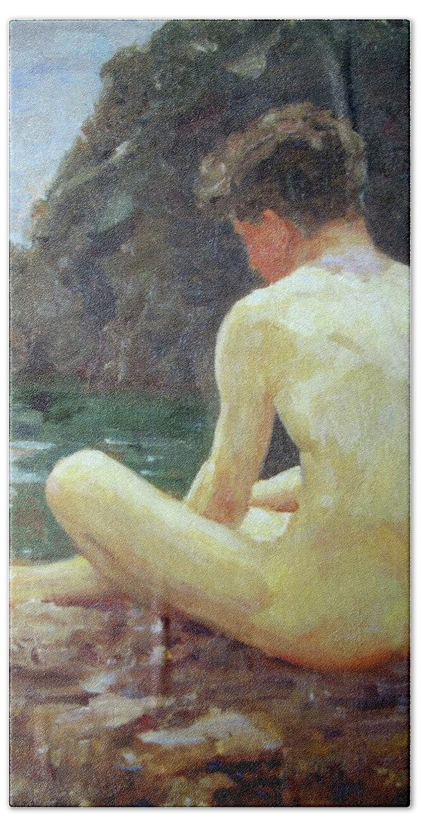 Henry Scott Tuke. July Sun Bath Towel featuring the painting July Sun by Henry Scott Tuke