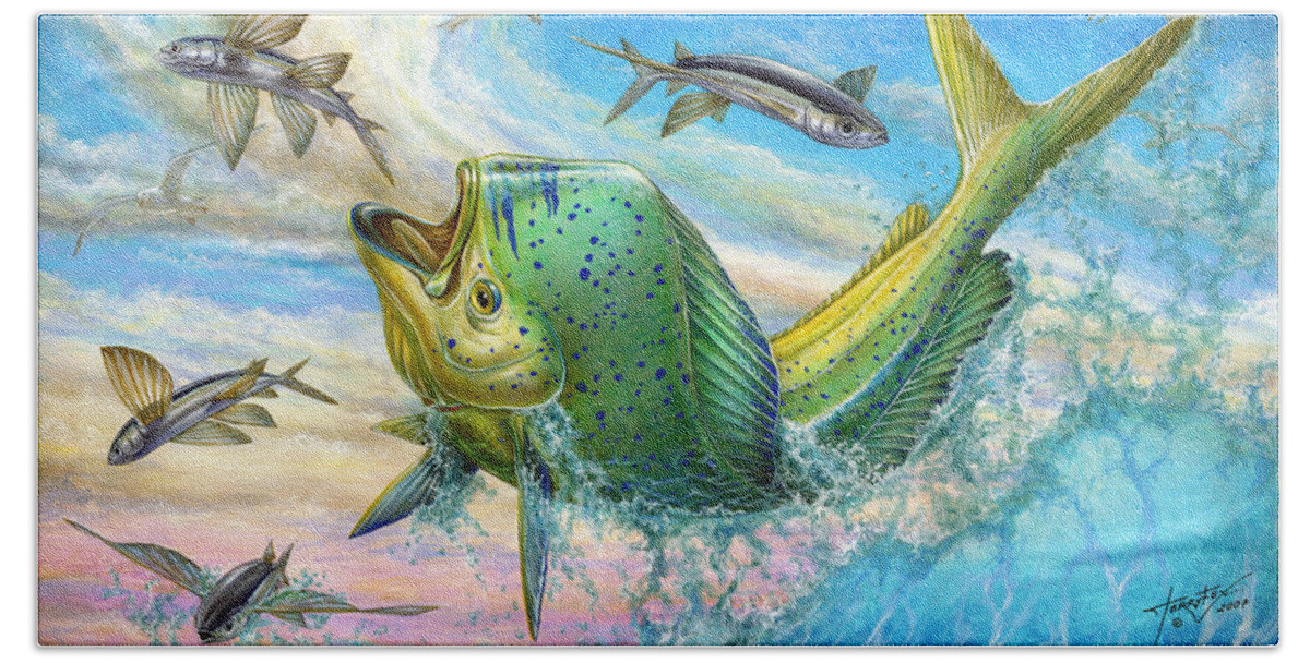 Flyingfish Hand Towel featuring the painting Jumping Mahi Mahi And Flyingfish by Terry Fox