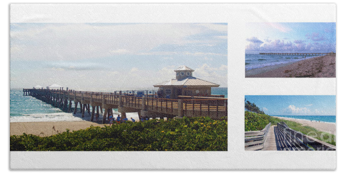 Beach Bath Towel featuring the photograph Juno Beach Pier Florida Seascape Collage 8 by Ricardos Creations