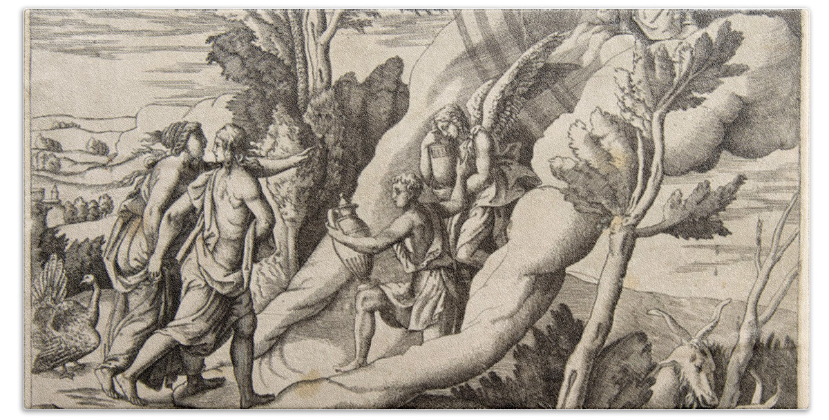 Giulio Bonasone Bath Towel featuring the drawing Jupiter and Juno being received in the heavens by Ganymede and Hebe by Giulio Bonasone