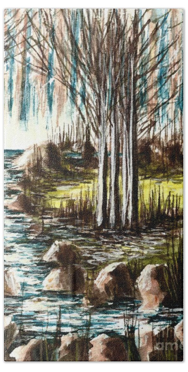 #forest #water #trees #rivers #landscapes #rocks #watercolors Bath Towel featuring the painting Just Around the Riverbend by Allison Constantino