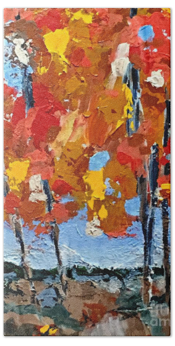 Autumn Hand Towel featuring the painting Just Beyond the Trees by Mary Mirabal