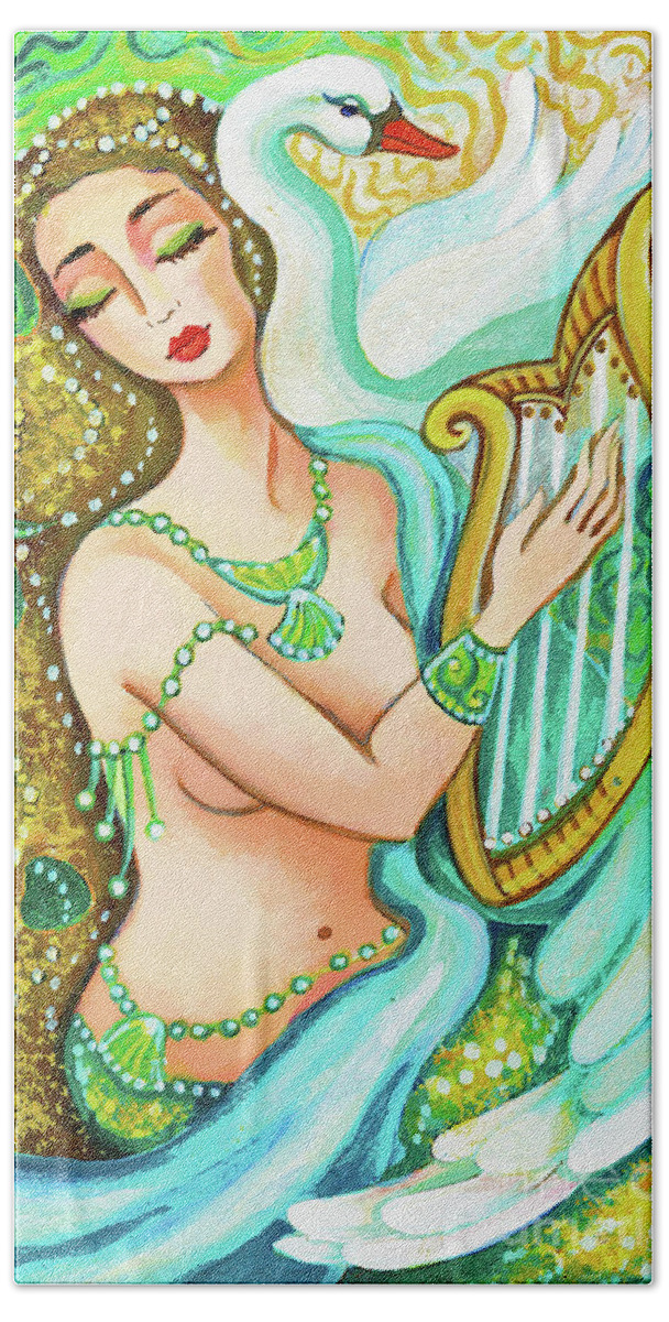 Sea Goddess Hand Towel featuring the painting Kalliope and the god Swan by Eva Campbell