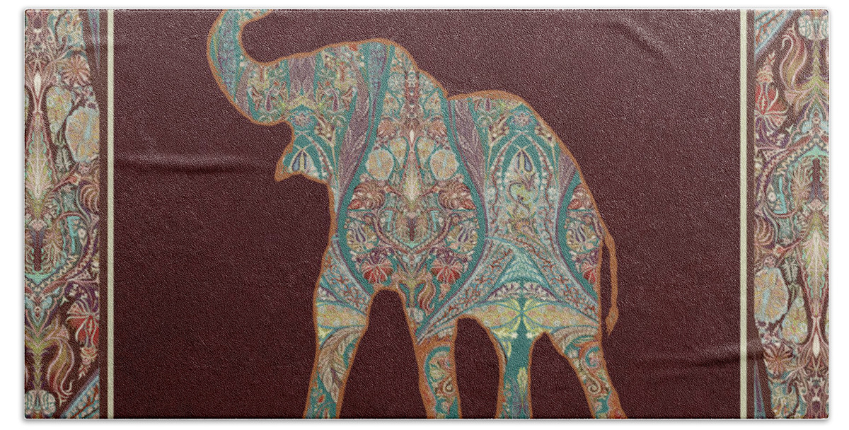 Rust Bath Towel featuring the painting Kashmir Patterned Elephant 3 - Boho Tribal Home Decor by Audrey Jeanne Roberts