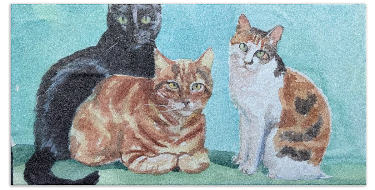 Kate Bolcar's Cats Hand Towel featuring the painting Kates's cats by Mimi Boothby