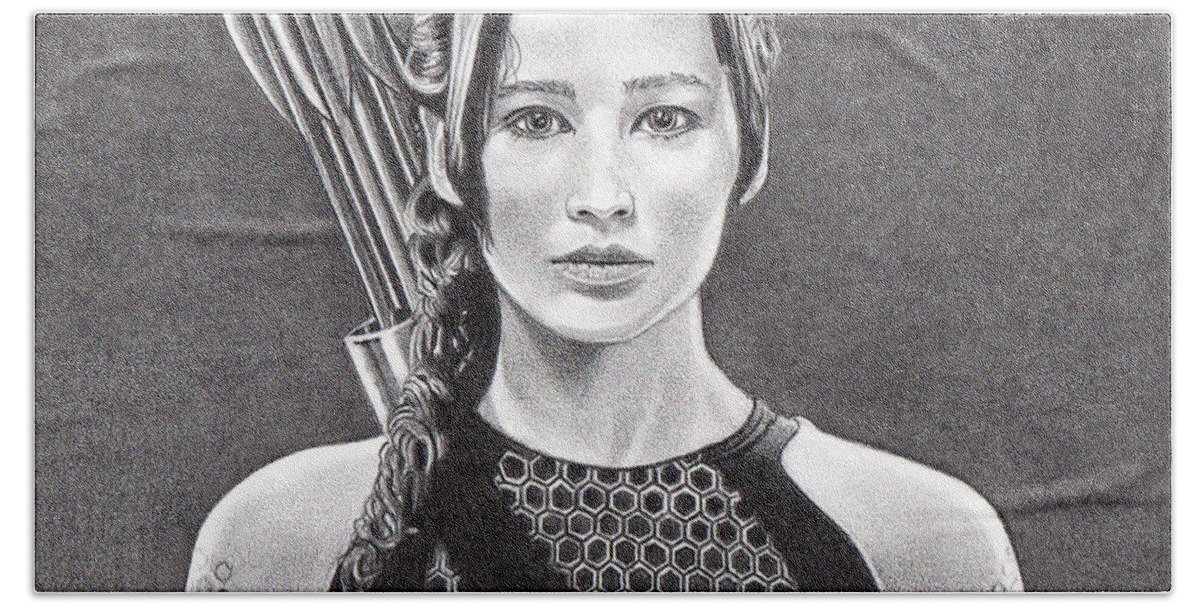 Katniss Bath Towel featuring the drawing Katniss by Daniel Carvalho