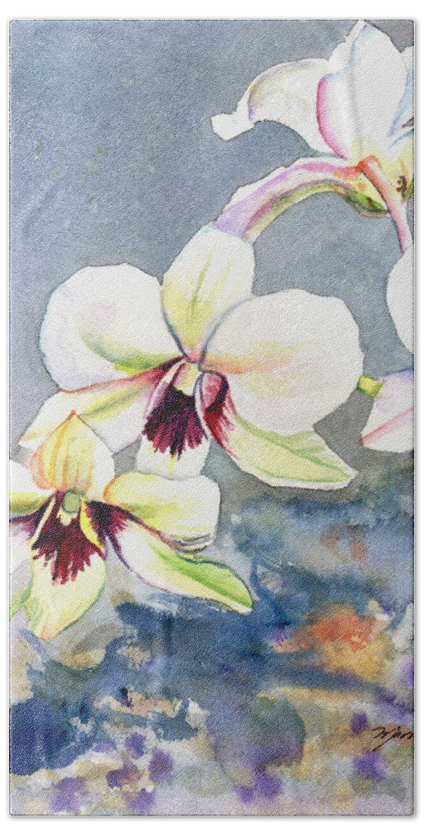 Kauai Fine Art Bath Towel featuring the painting Kauai Orchid Festival by Marionette Taboniar