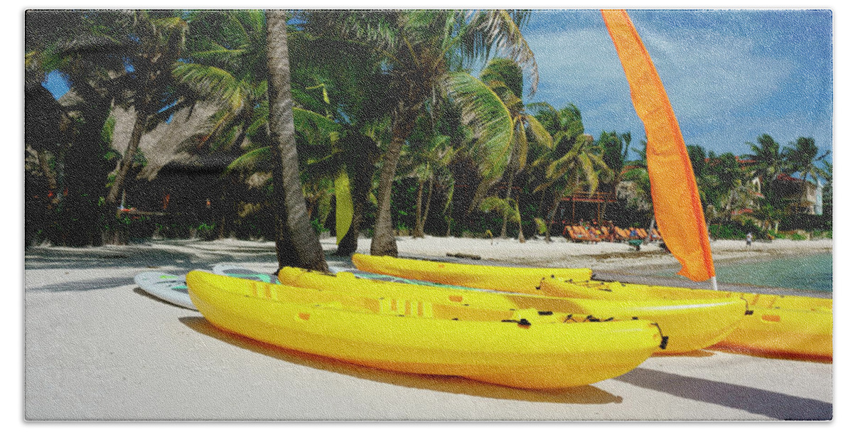 Belize Hand Towel featuring the photograph Kayaks on the beach of Ambergris Caye Belize by Waterdancer