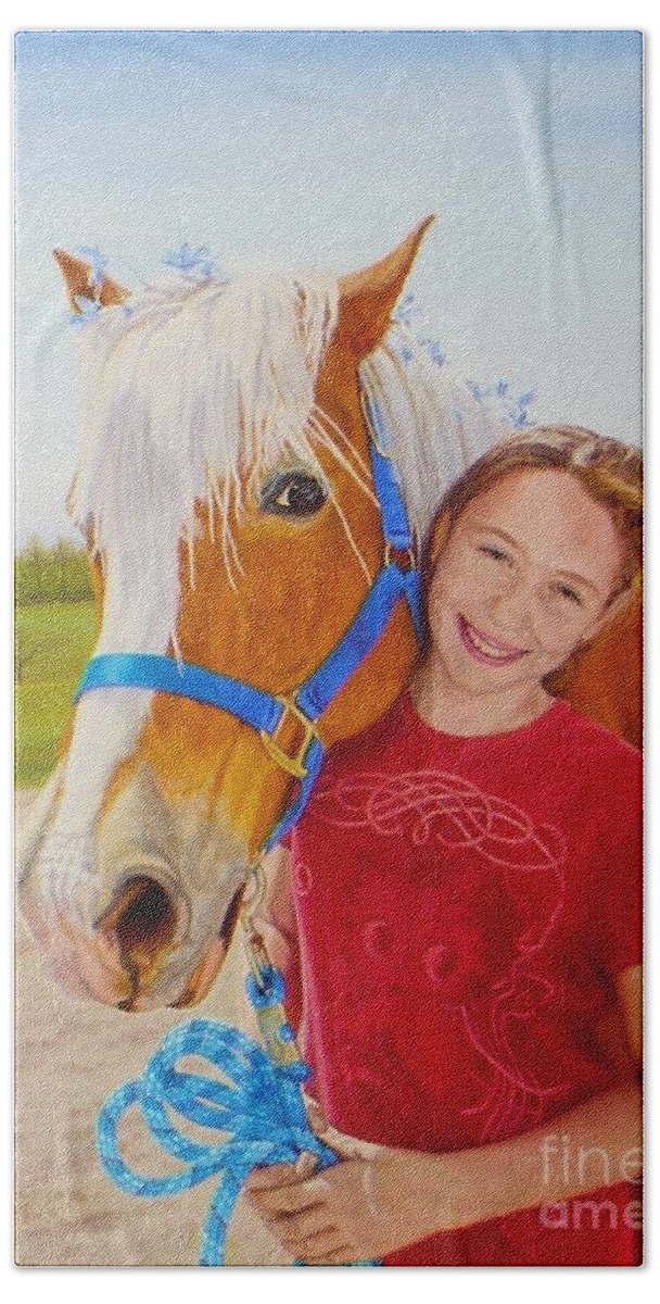 Girl And Pony Hand Towel featuring the painting Kayla and Pockets Birthday Pony by Guy C Lockwood