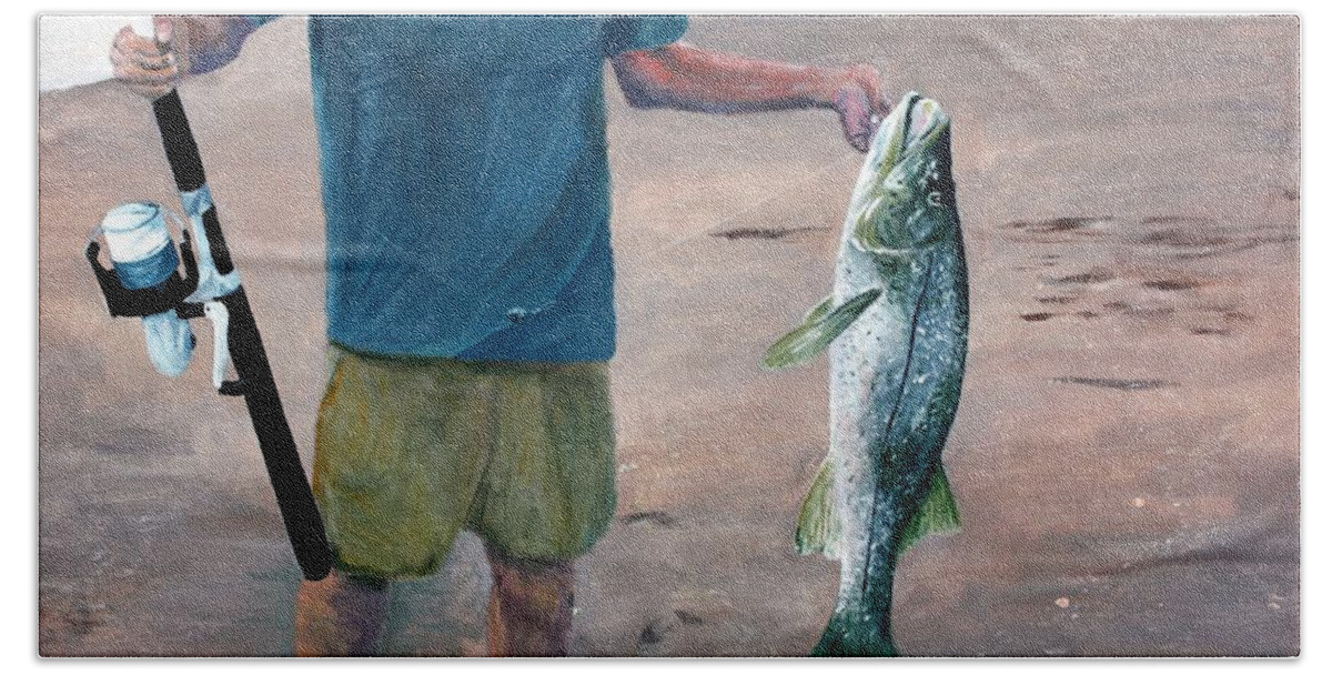 Snook Bath Towel featuring the painting Keeper My First Snook by Mike Jenkins