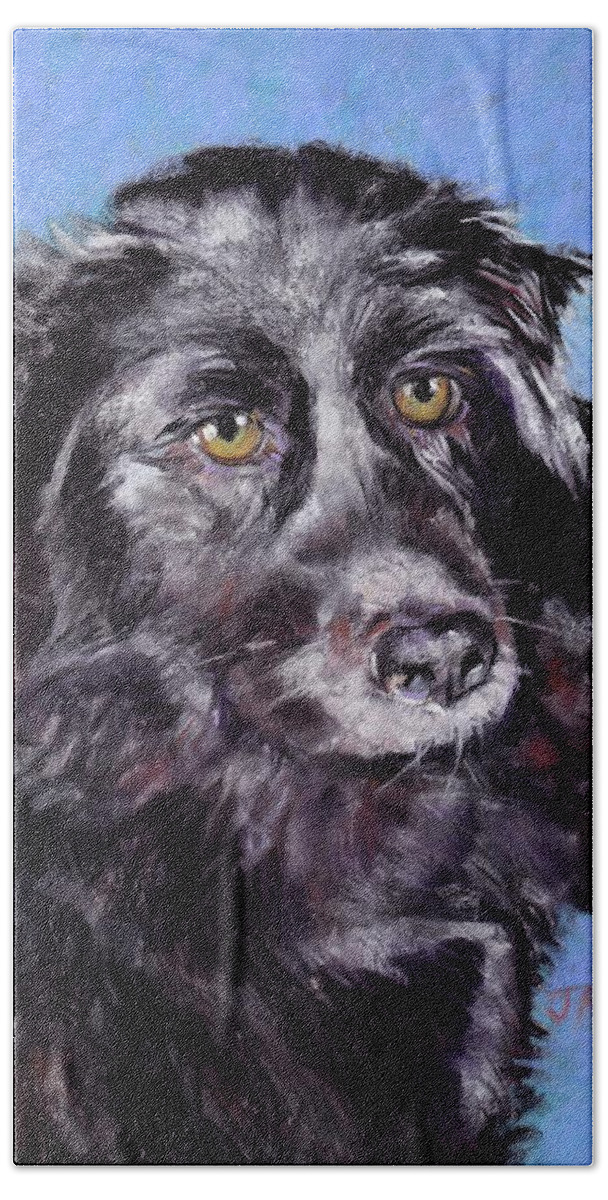 Black Canine Hand Towel featuring the painting Keiko by Julie Maas