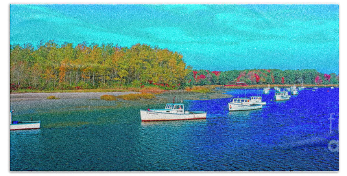 Kennebunkport Bath Towel featuring the photograph Kennebunkport, Maine, lobster boats by Tom Jelen