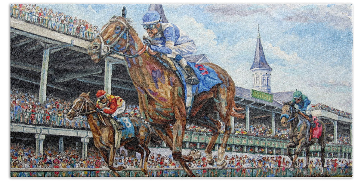 Kentucky Derby Bath Towel featuring the painting Kentucky Derby - Horse Racing Art by Mike Rabe