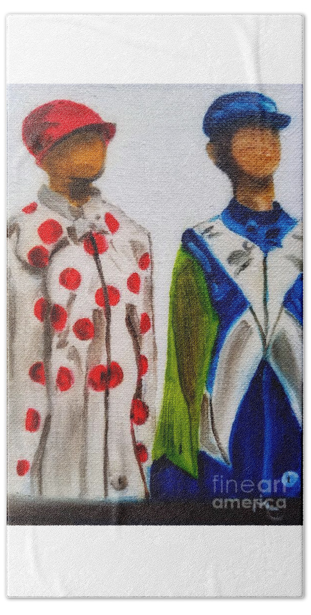 Jockeys Hand Towel featuring the painting Kentucky Derby Jockey Mannequins by Mary Capriole