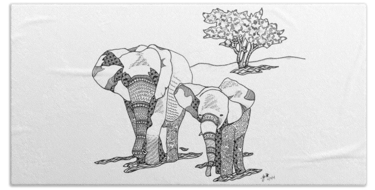 Elephant Hand Towel featuring the drawing Kenyan Walk by Jan Steinle
