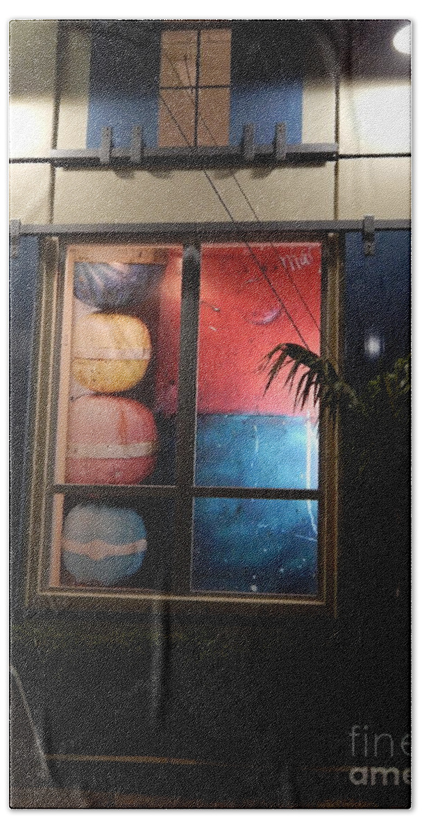 Boat Bumpers Stacked Inside A Display Window Along With Some Nautical Color Blocks.evening Bath Towel featuring the photograph Key West window by Priscilla Batzell Expressionist Art Studio Gallery