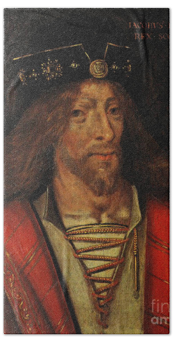 King James I Hand Towel featuring the painting King James I of Scotland circa 1425 by Peter Ogden
