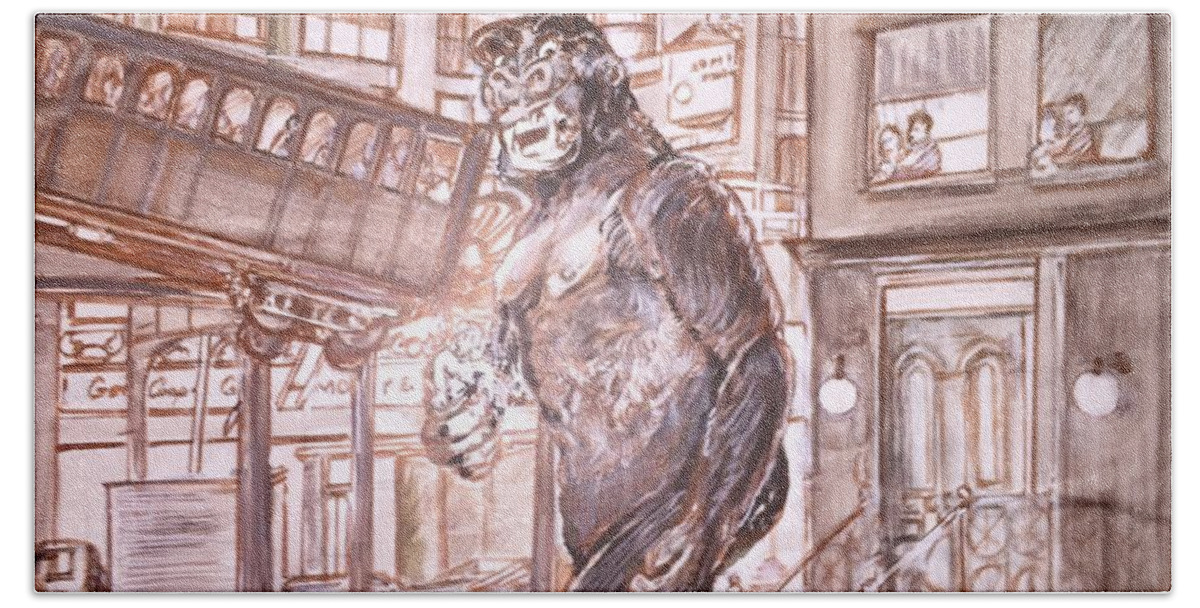 King Kong 1933 Bruce Cabot Robert Armstrong Fay Wray Creature Features Rko Radio Pictures Silver Screen Bath Towel featuring the painting King Kong - Kong At The Trestle by Jonathan Morrill