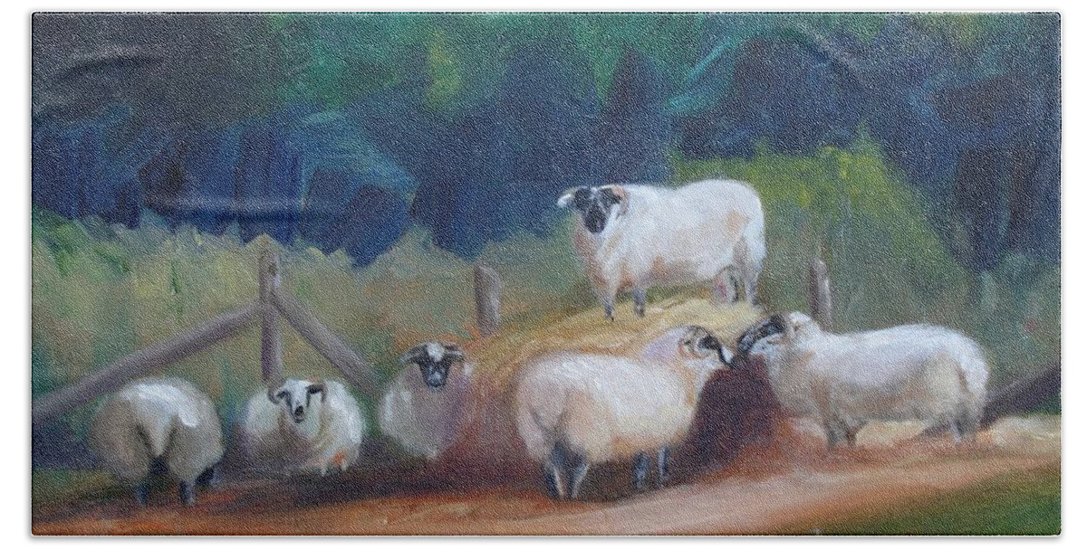 Sheep Bath Towel featuring the painting King of Green Hill Farm by Donna Tuten