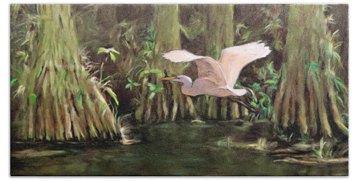 Swamp Scenes Bath Towel featuring the painting King of the Swamp by David Van Hulst