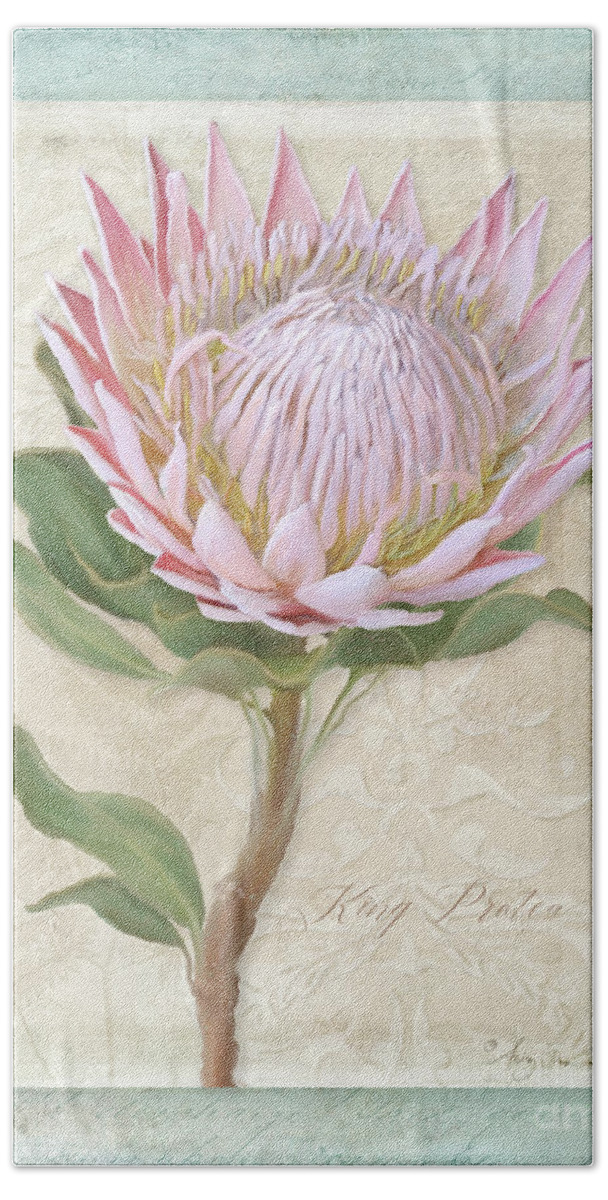Botanical Floral Bath Towel featuring the painting King Protea Blossom - Vintage Style Botanical Floral 1 by Audrey Jeanne Roberts