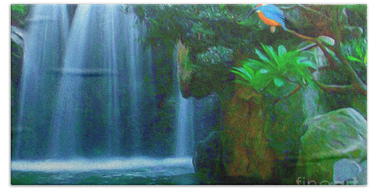 Kingfisher Hand Towel featuring the digital art KingFisher Falls by Walter Colvin