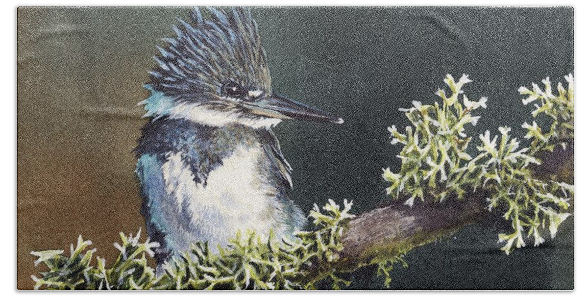 Bird Bath Towel featuring the painting Kingfisher II by Greg and Linda Halom