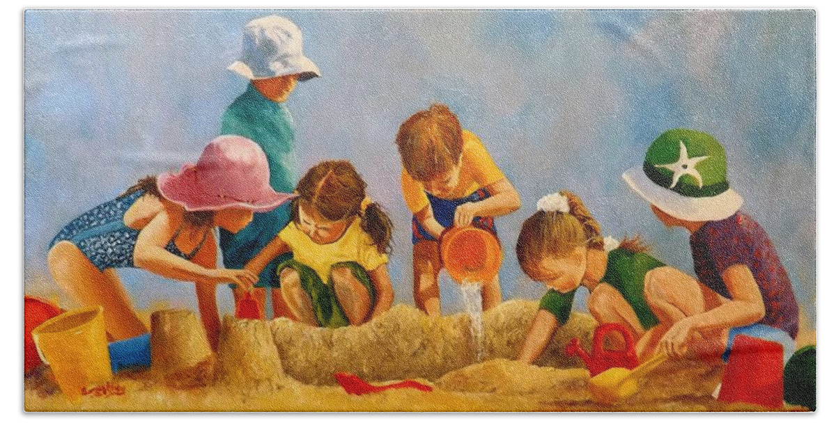 Beach Summer Sandcastles Seaside Children Bath Towel featuring the painting Kings Queens And Castles by Barry BLAKE