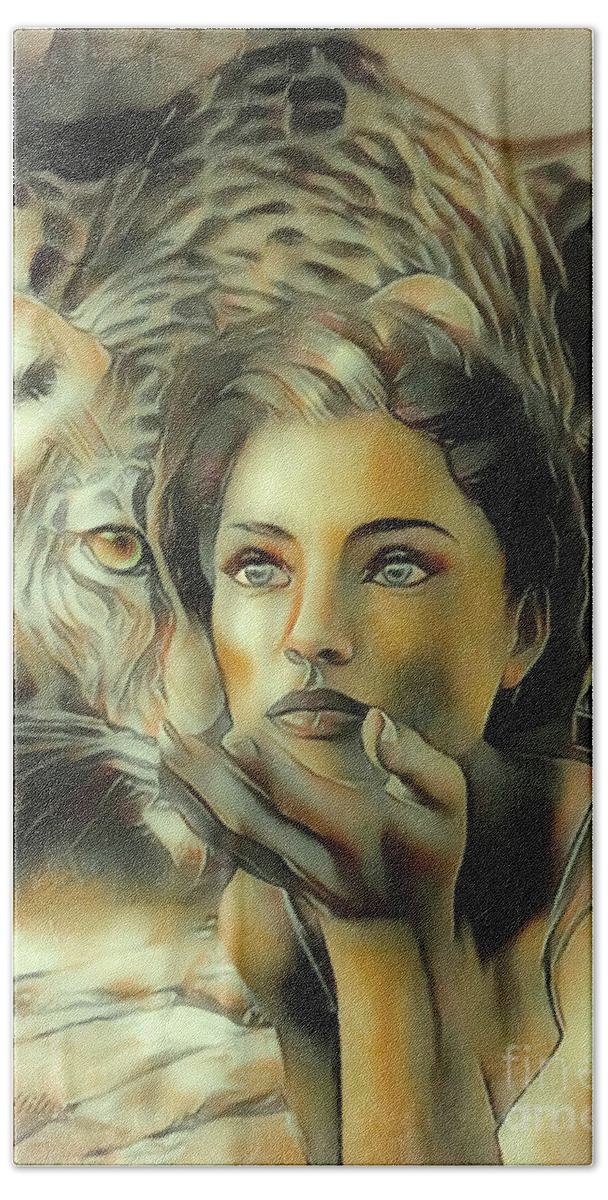 Leopard Bath Towel featuring the mixed media Kiss Of The Leopard Woman by Barbara Milton