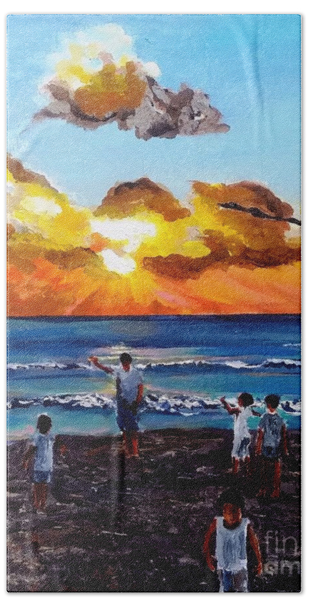 Kite Bath Towel featuring the painting Kites in the sunset by Eli Gross