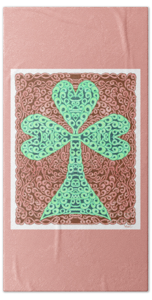 Lise Winne Bath Towel featuring the drawing Knotted Shamrock with brown background by Lise Winne