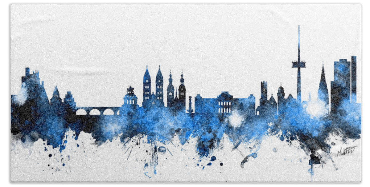 Koblenz Hand Towel featuring the digital art Koblenz Germany Skyline Blue Signed by Michael Tompsett
