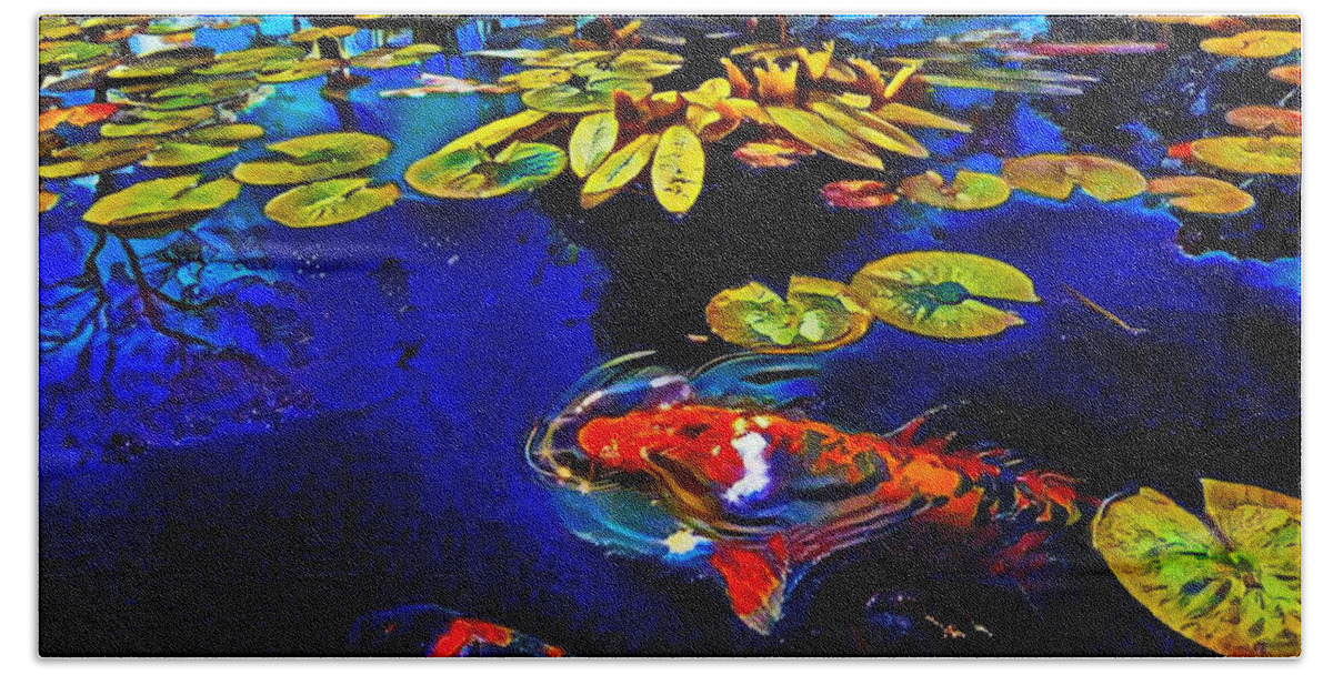 Fish Hand Towel featuring the digital art Koi in a Pond of Water Lilies by Russ Harris