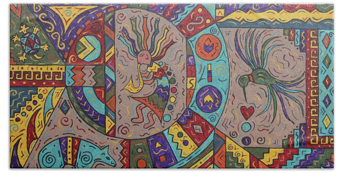 Cross Hand Towel featuring the painting Kokopelli Mandala by Susie WEBER