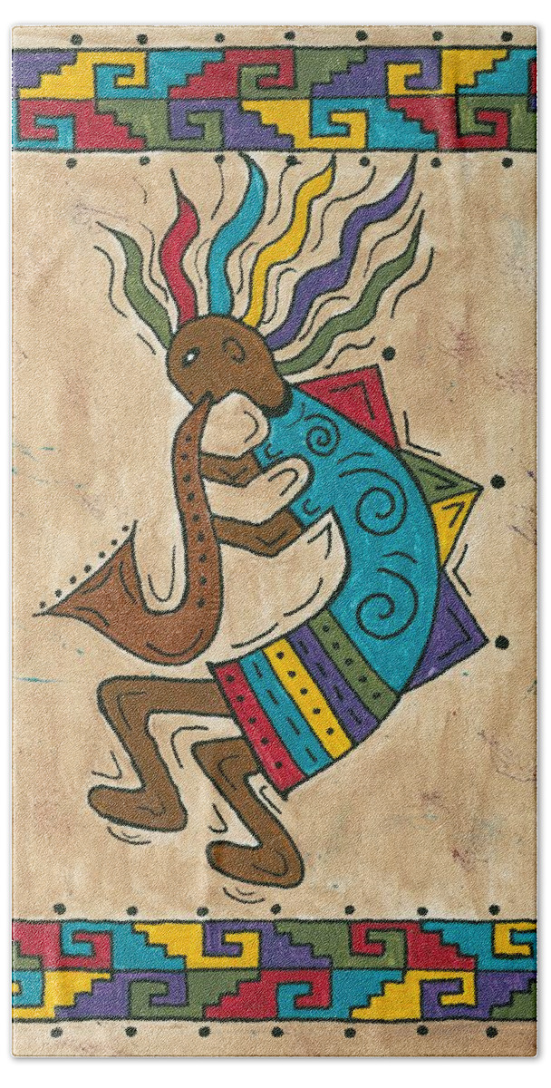 Susie Weber Bath Towel featuring the painting Kokopelli Sax Player by Susie WEBER