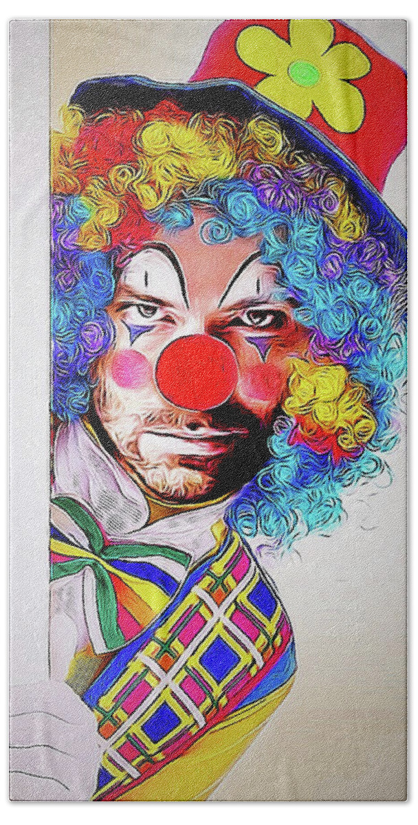 Clown Hand Towel featuring the digital art Kristoff the Creepy Clown by Kathy Kelly