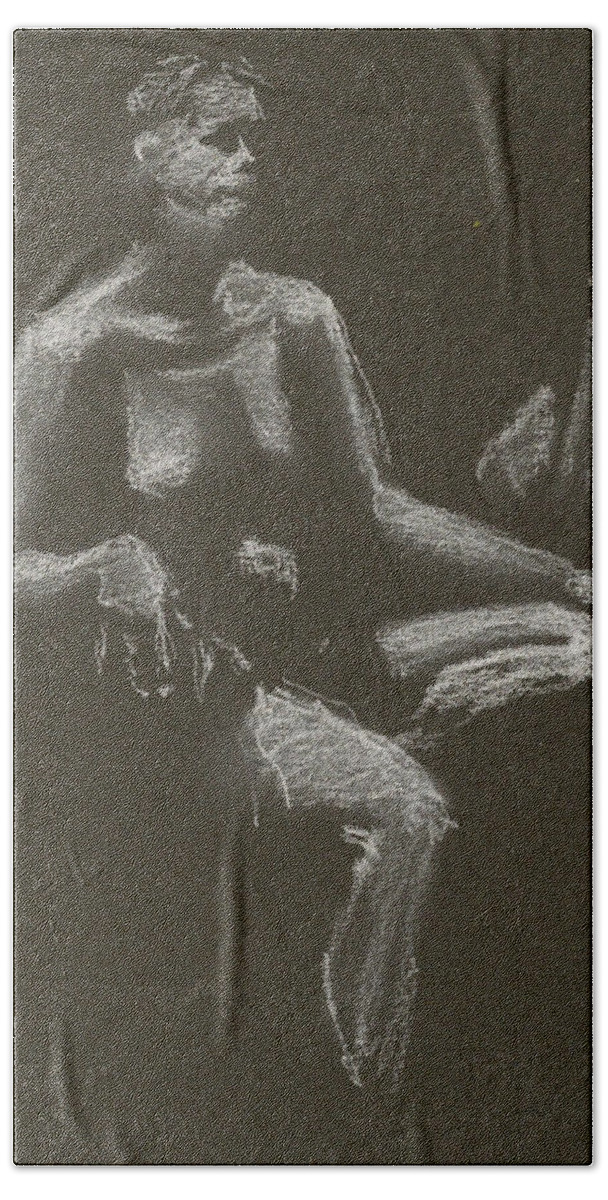 Figure Drawing Bath Towel featuring the drawing Kroki 2015 04 25 _3 Figure Drawing White Chalk Beskuren by Marica Ohlsson