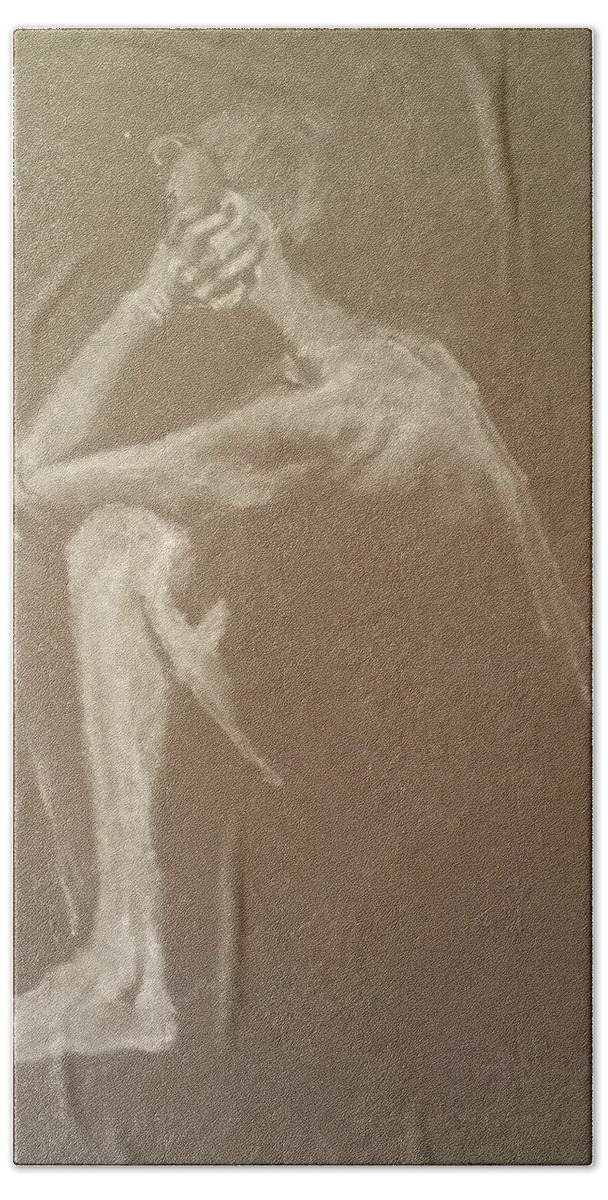 Figure Drawing Bath Towel featuring the drawing Kroki 2015 06 18_9 Figure Drawing White Chalk by Marica Ohlsson